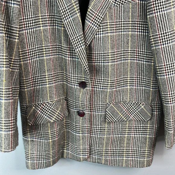 VINTAGE 90s Zig Zag Wool Blend Blazer Houndstooth Plaid Padded Shoulders Boxy 6 - Picture 4 of 12